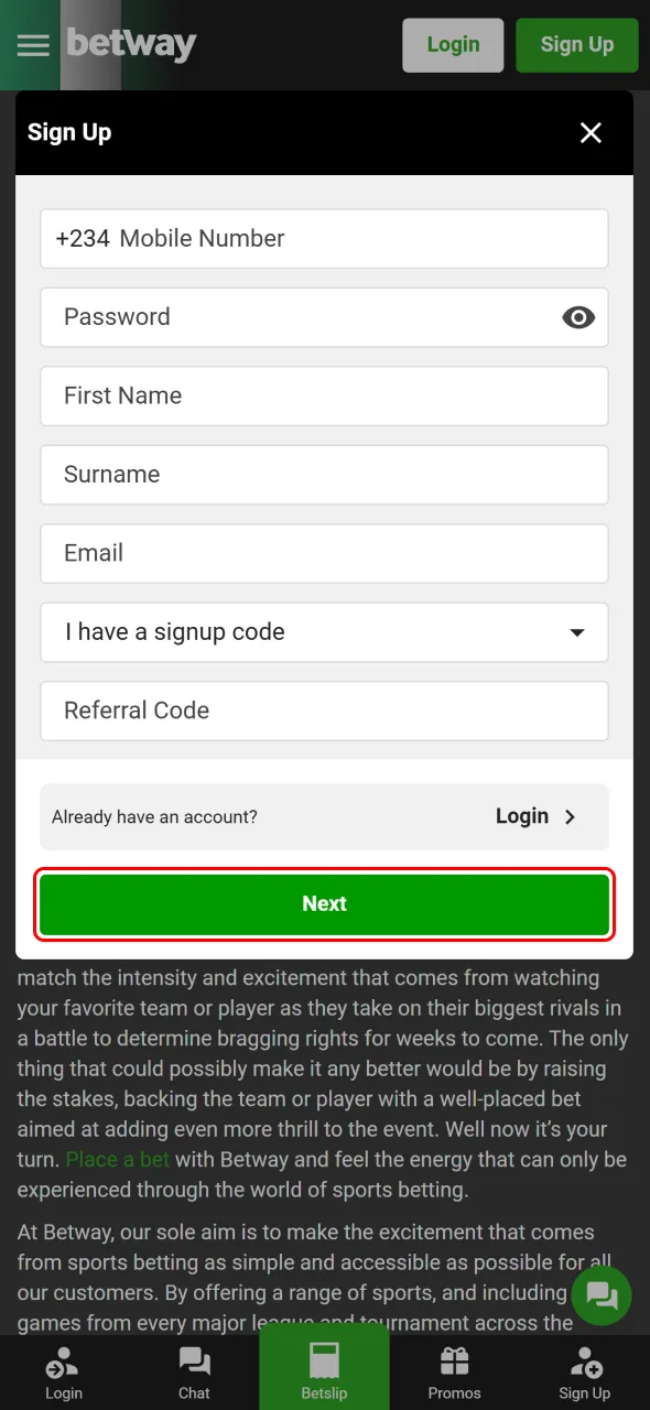 Click next to continue building your Betway Nigeria account.