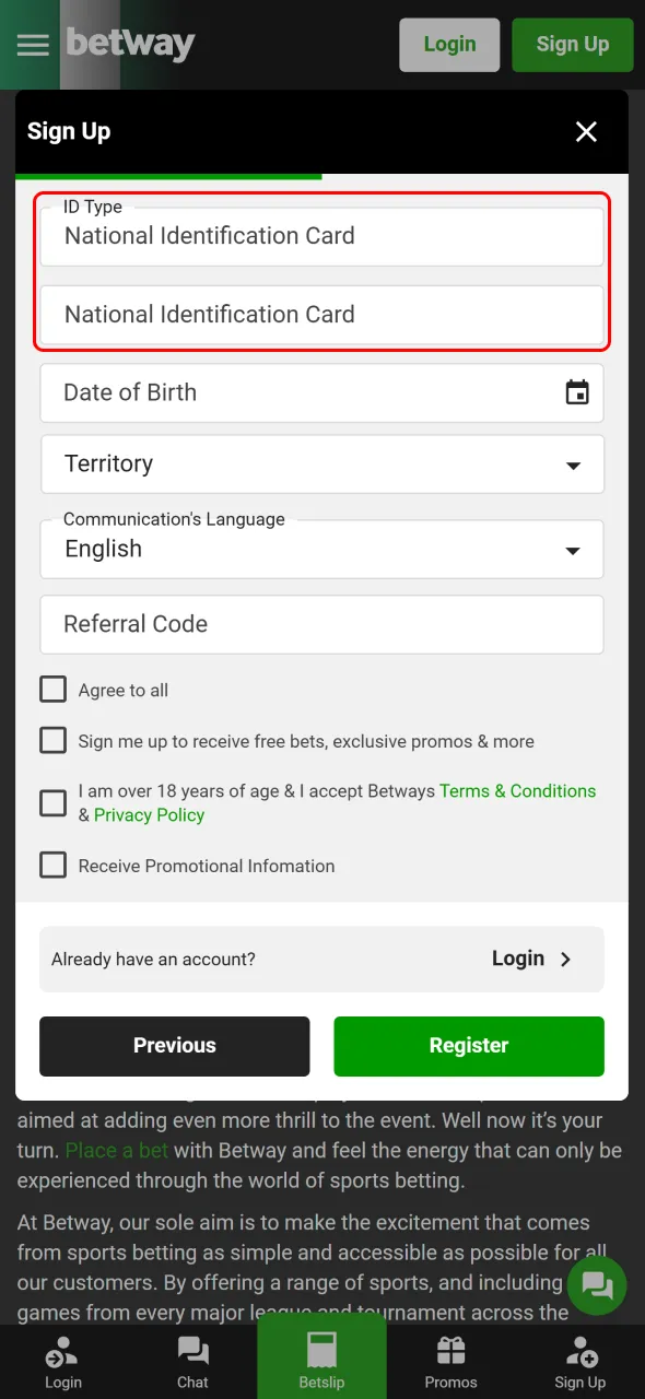 Upload your ID to verify your Betway Nigeria registration.