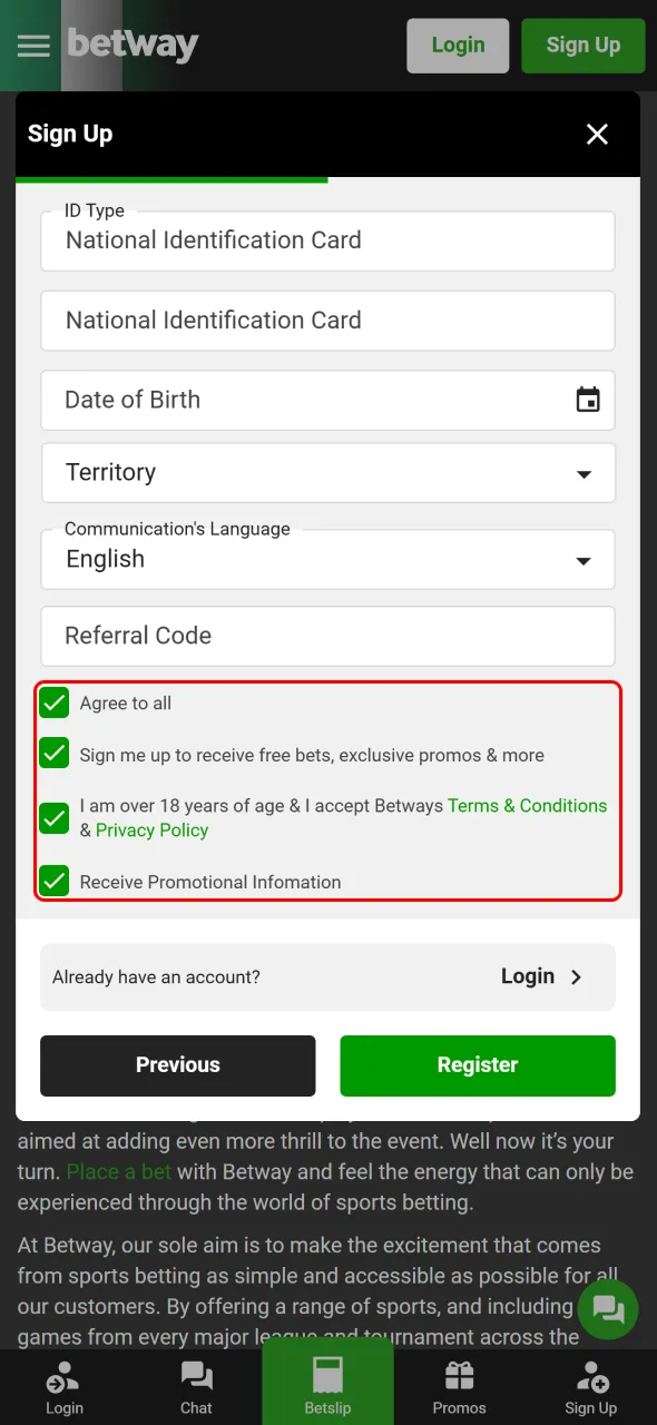 Tick the consent boxes to finish the Betway registration form.