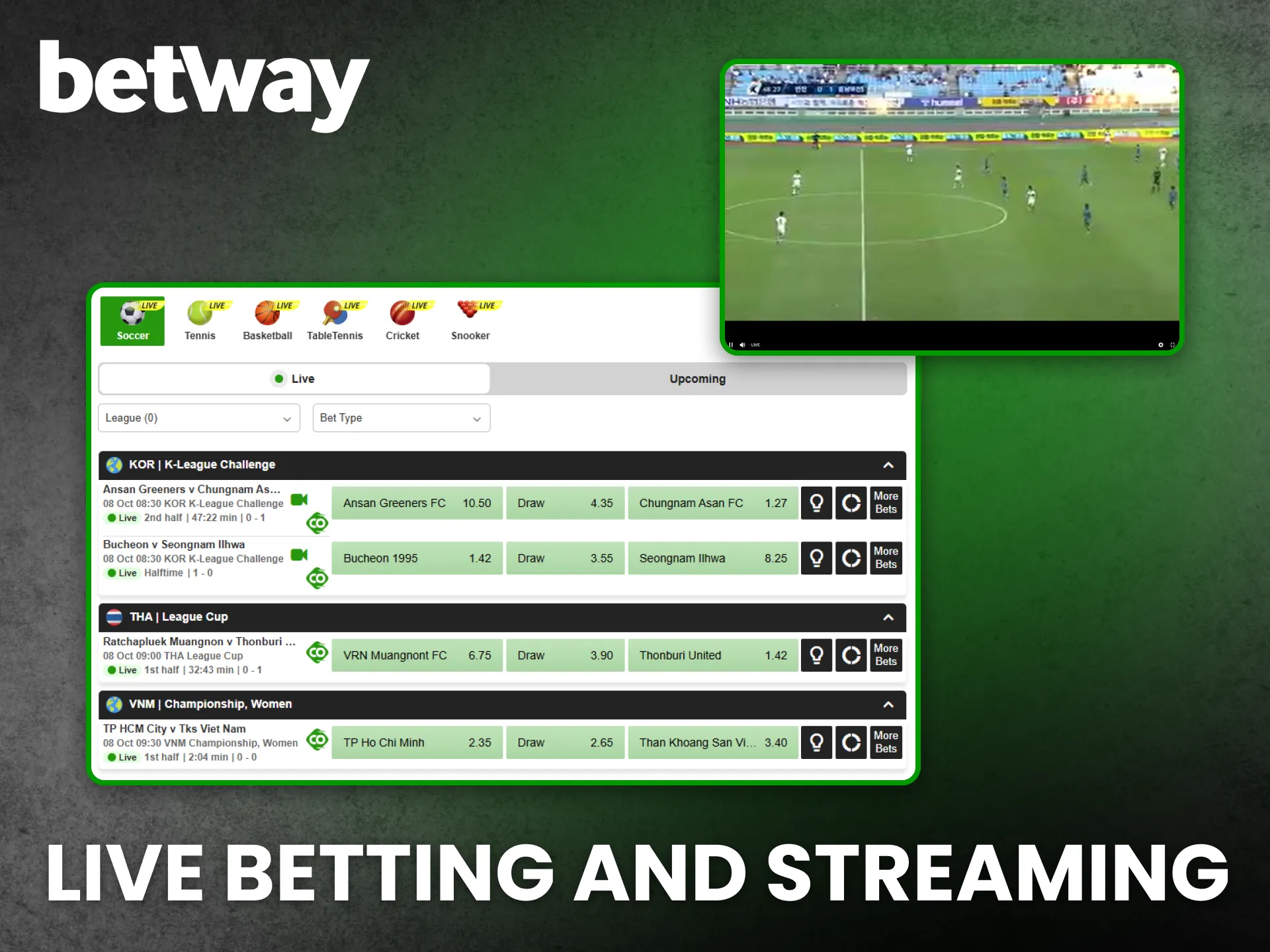 Watch games live and place bets with Betway streaming service.