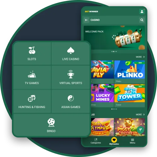 Access casino, live casino, bingo, and slots from the BetWinner app.