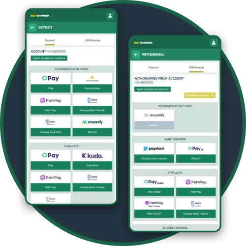Make deposits and withdrawals using local methods in NGN securely on the BetWinner app.