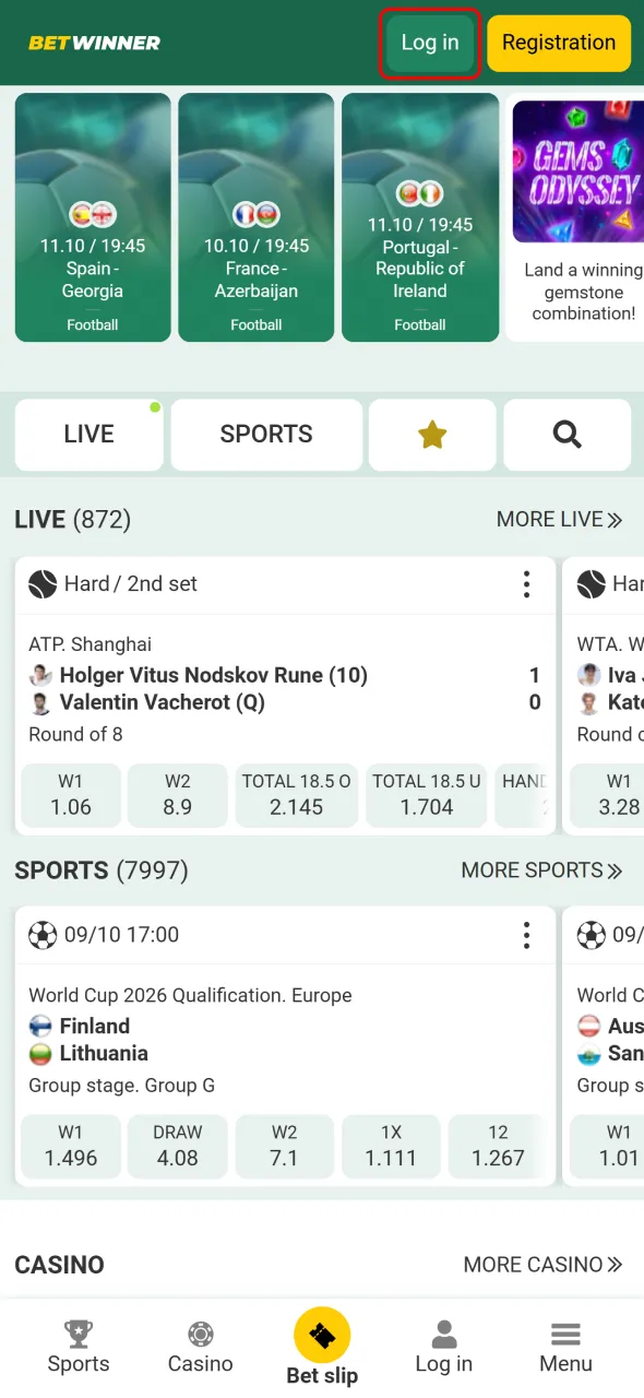 Click the Log in button on the BetWinner website or app to start.