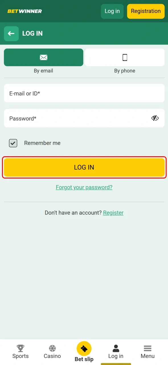 Press the Log in button to enter your BetWinner betting account.
