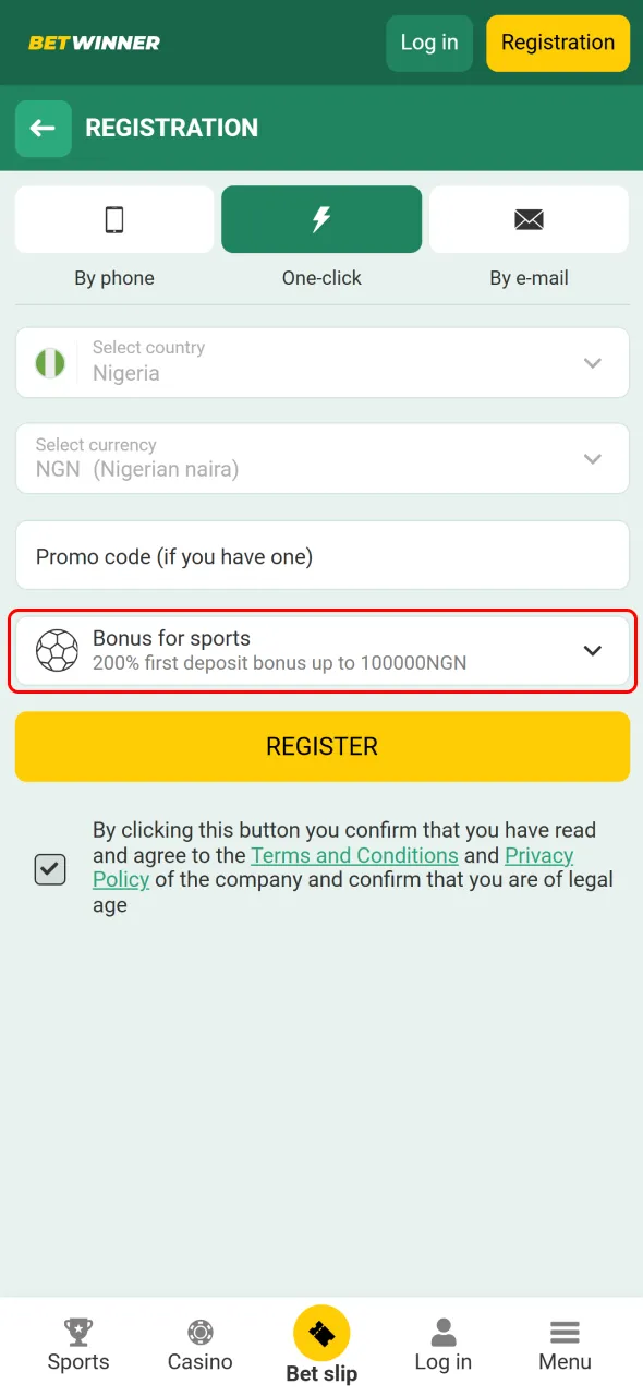 Select your welcome bonus for sports or casino when joining BetWinner.