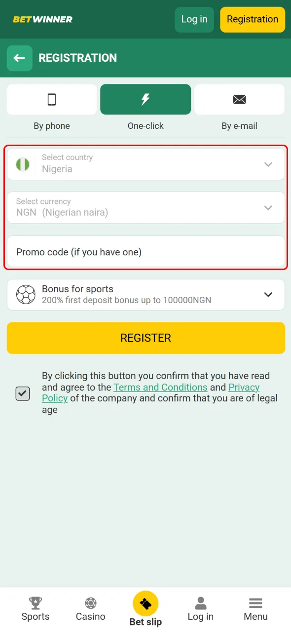 Choose Nigeria as your country and NGN as your currency, then add a promo code on BetWinner.