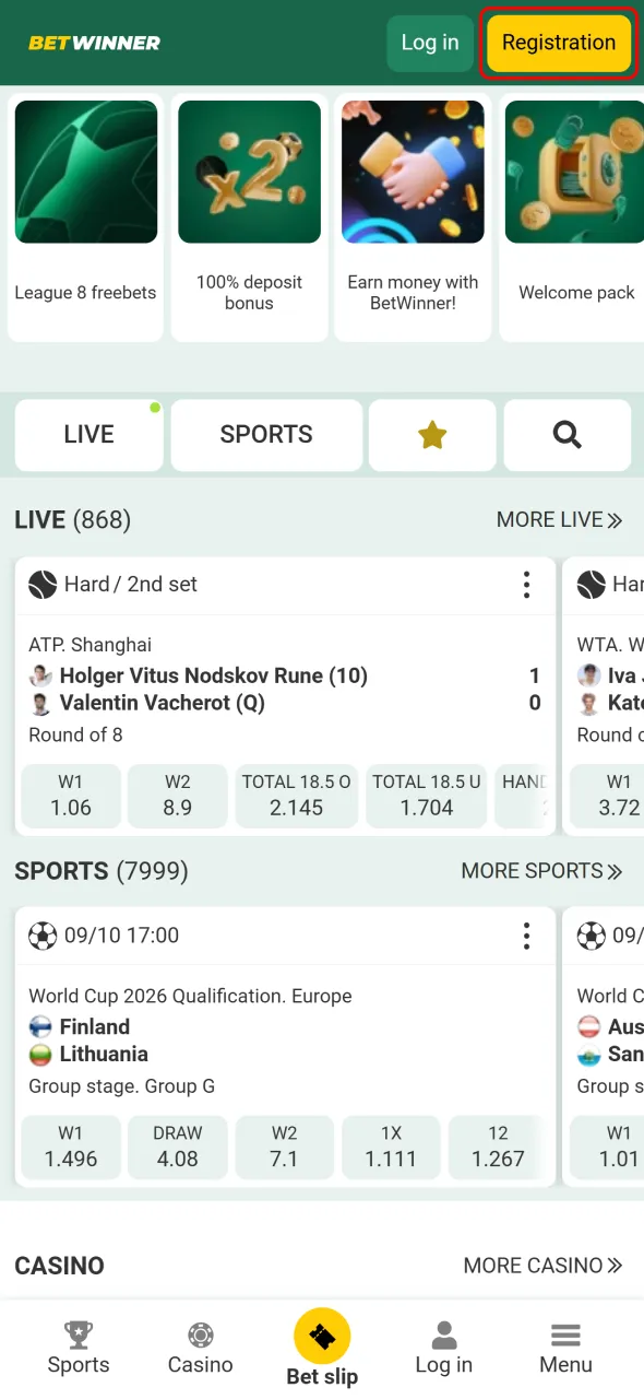 Click the registration button on the BetWinner website or app to begin.