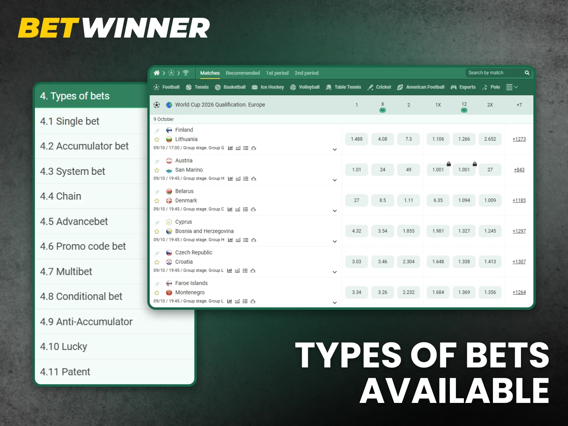 Discover the vast types of bets available at BetWinner for sporting events.