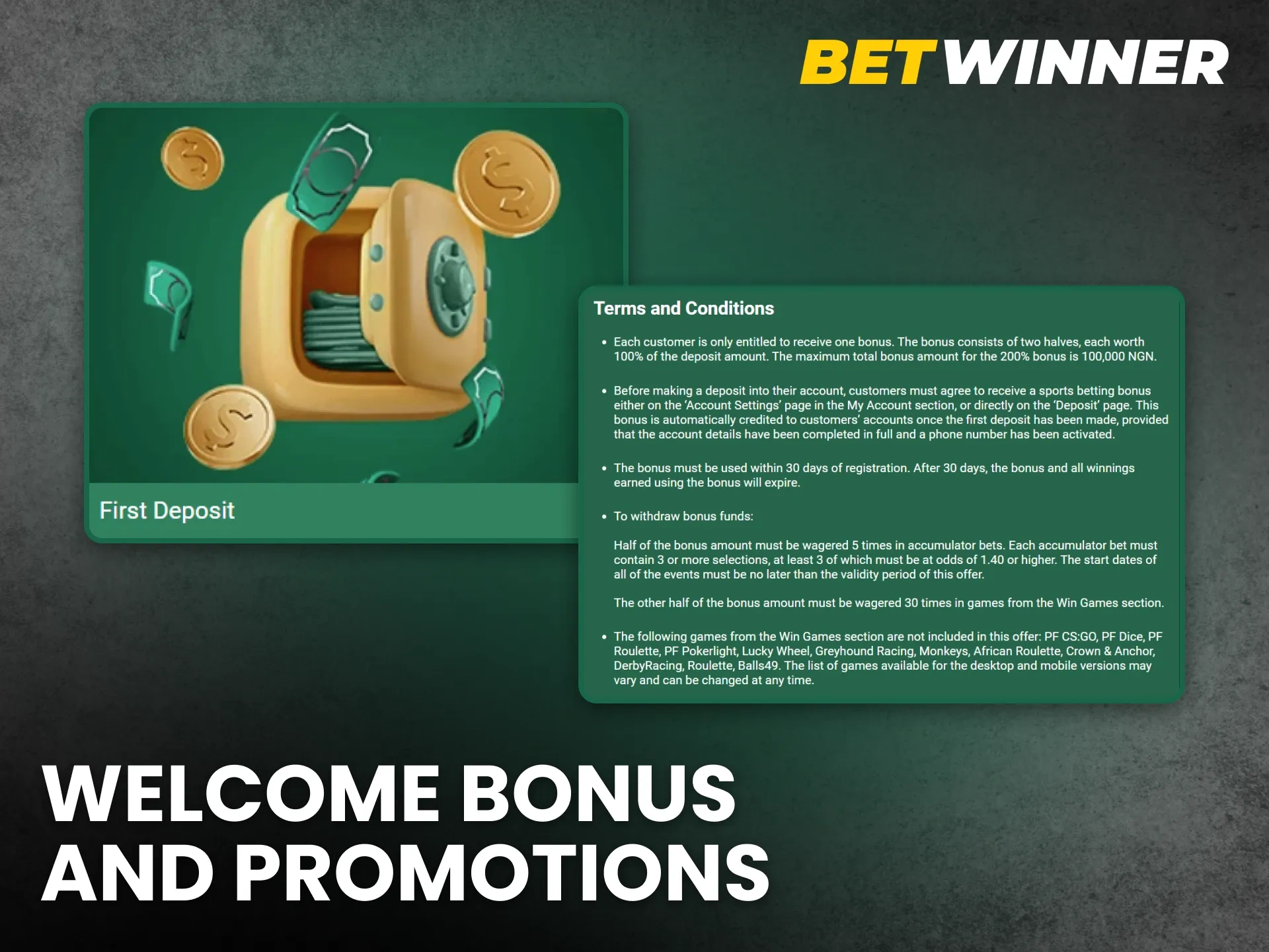 Claim the welcome bonus and promotions to maximize your funds on BetWinner.