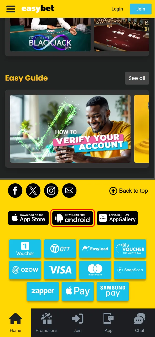 Download the Easybet APK and access the Android betting app.
