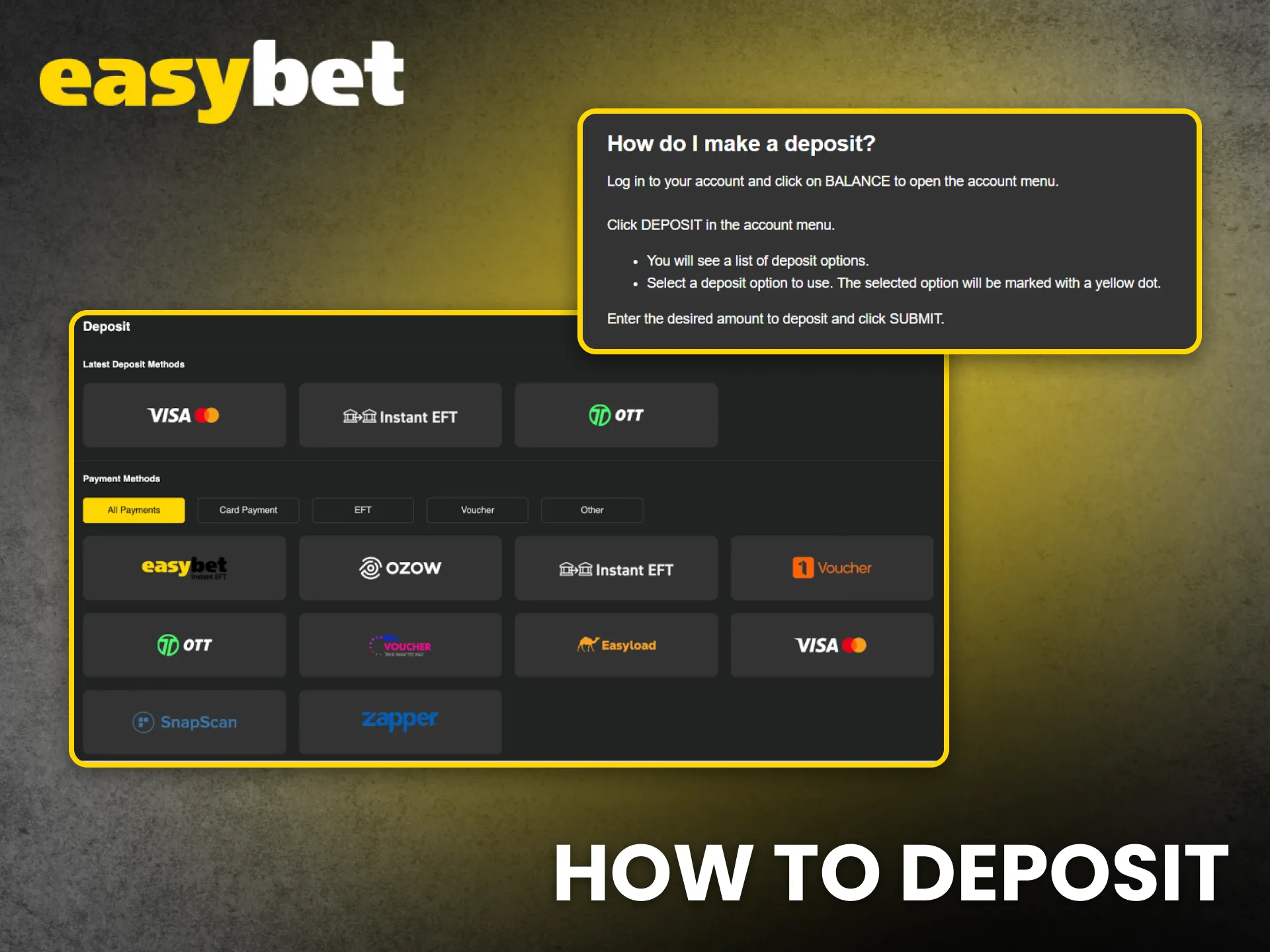 Deposit easily on Easybet South Africa with your preferred payment option.