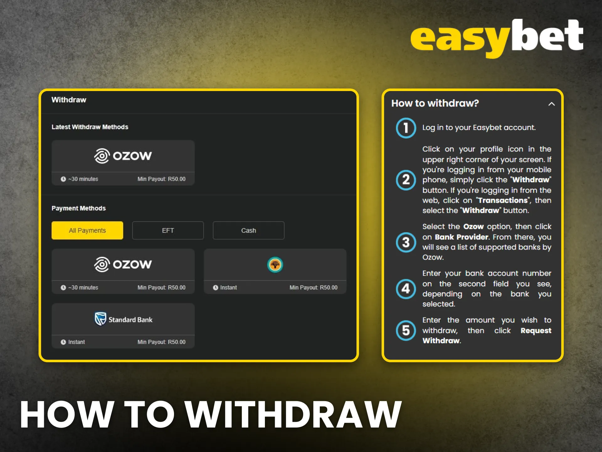 Withdraw winnings fast from Easybet South Africa directly to your account.