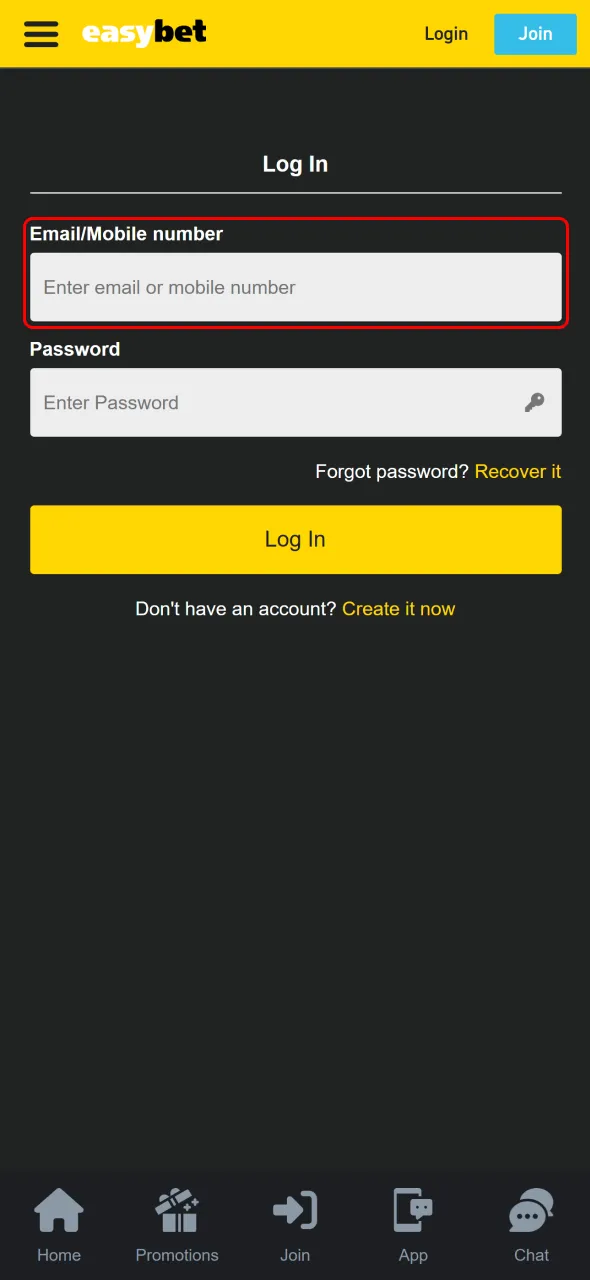 Use email or mobile number to access your Easybet South Africa profile.