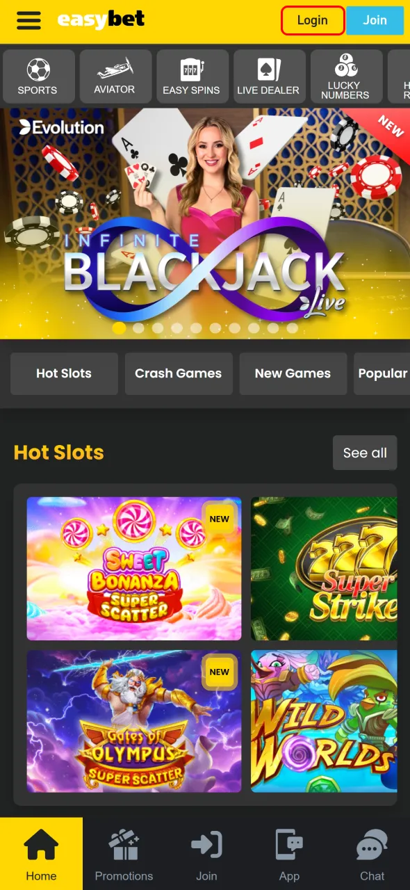 Log in via the Easybet website or mobile app in South Africa.