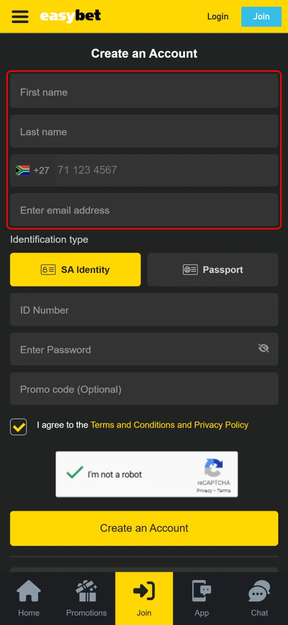 Enter your personal data to create an Easybet South Africa account.