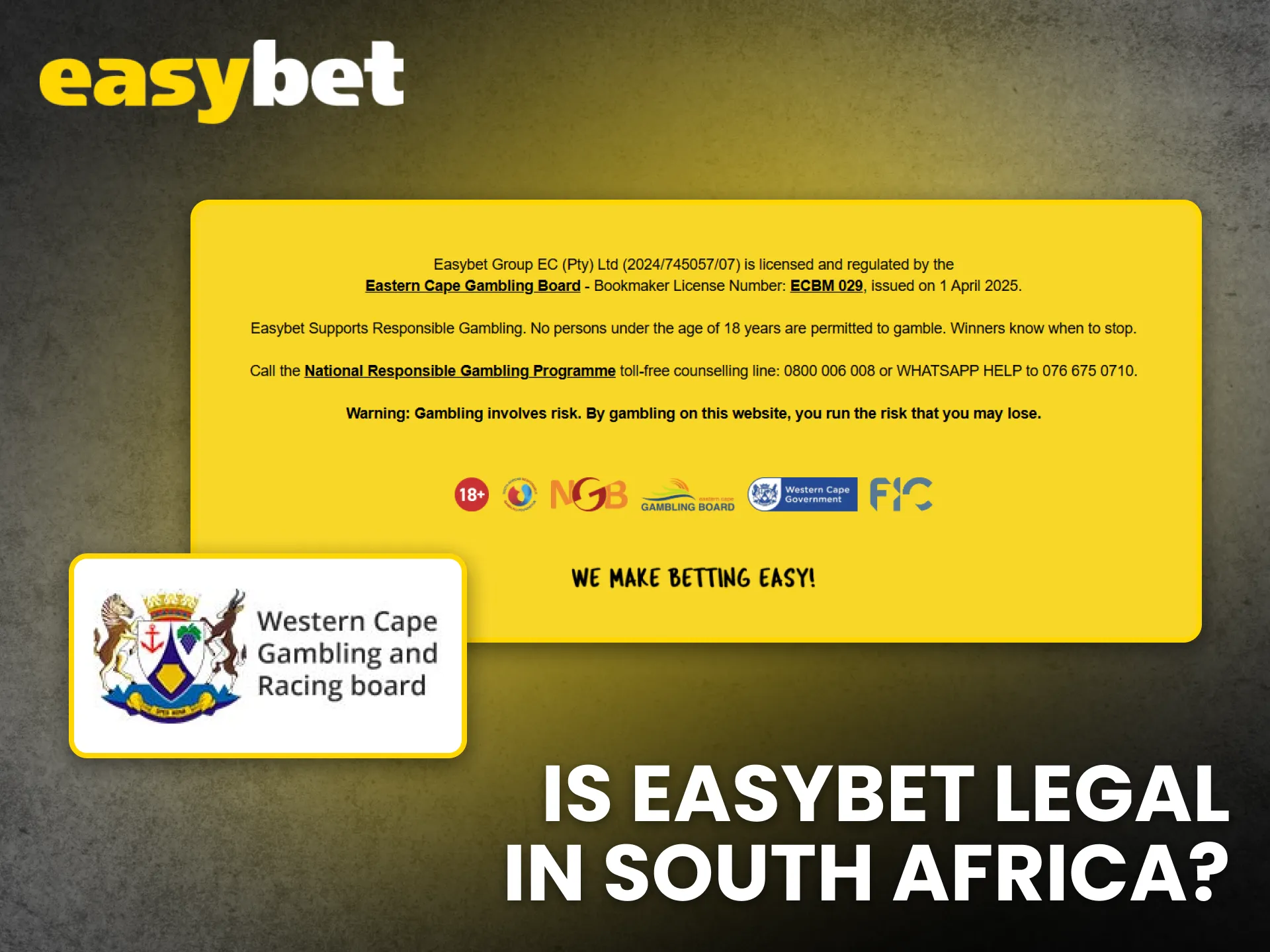 Easybet operates legally under South African gaming regulations.