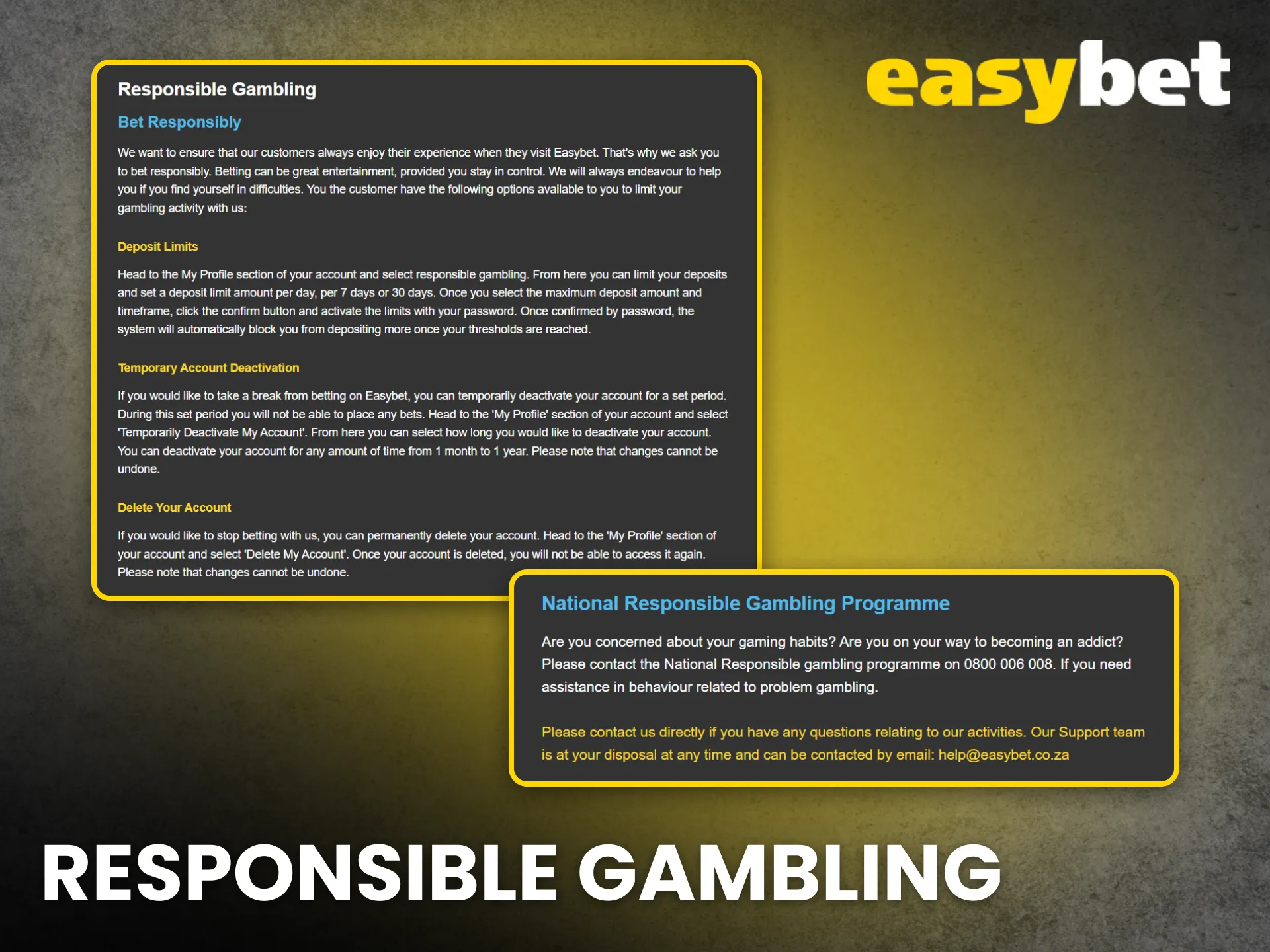 The Easybet platform promotes safe play and responsible gambling.