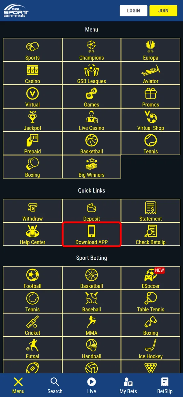 Find the Gal Sport Betting Android app link for download.