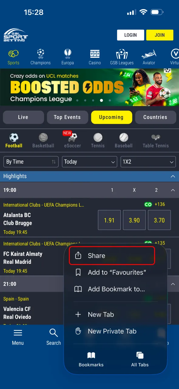 Press the share icon to install Gal Sport Betting on iOS.
