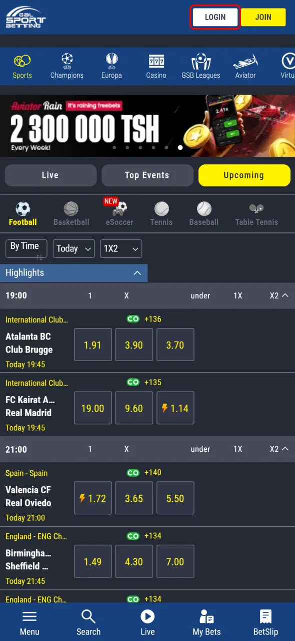 Press the login button to enter Gal Sport Betting securely.