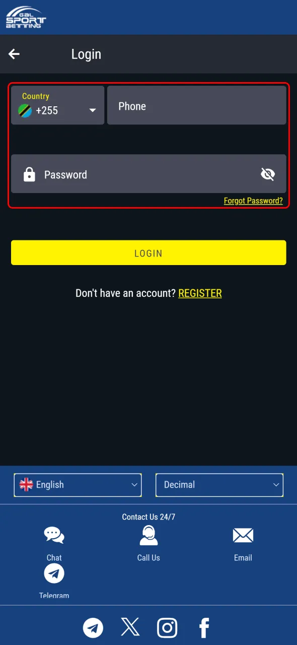 Input your login data correctly on Gal Sport Betting.