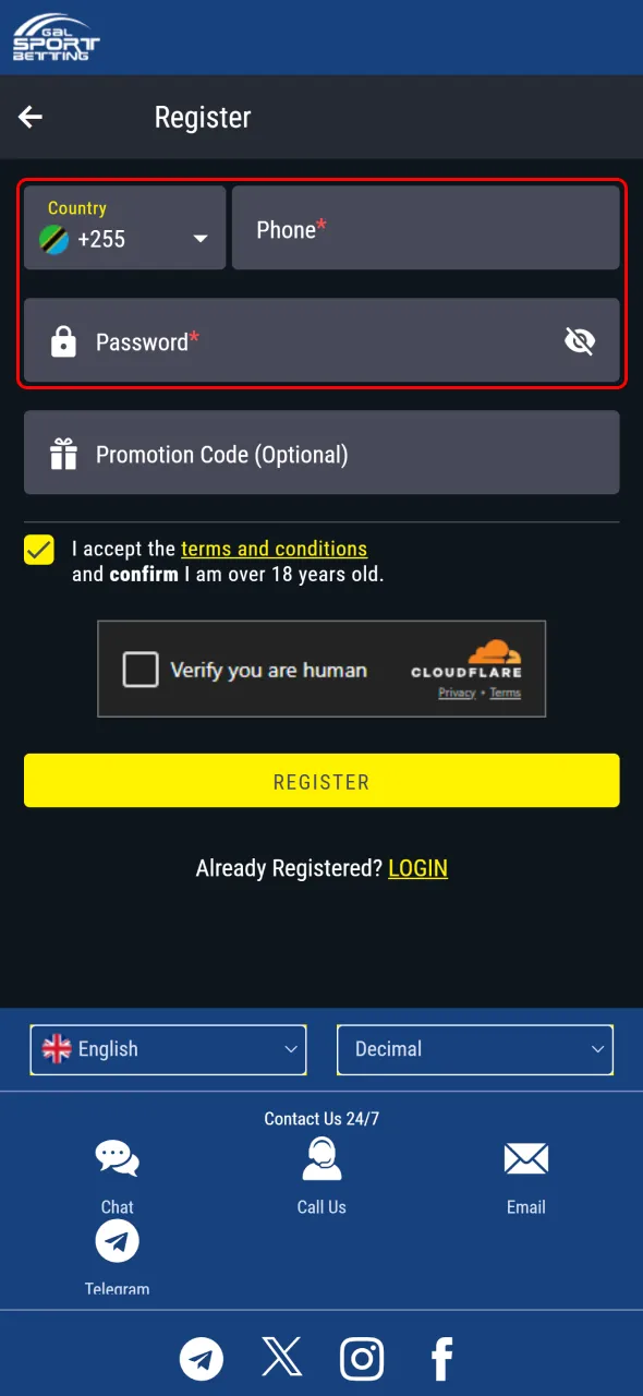 Complete the Gal Sport Betting sign-up form with your details.