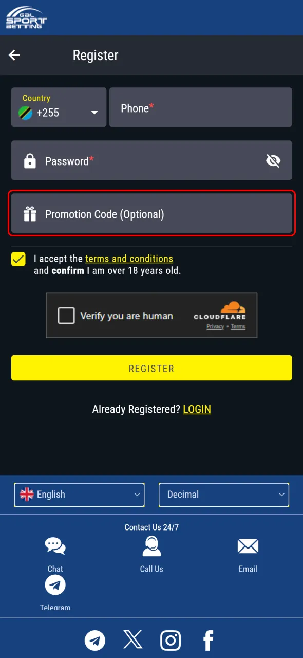 Enter your promo code during Gal Sport Betting registration.