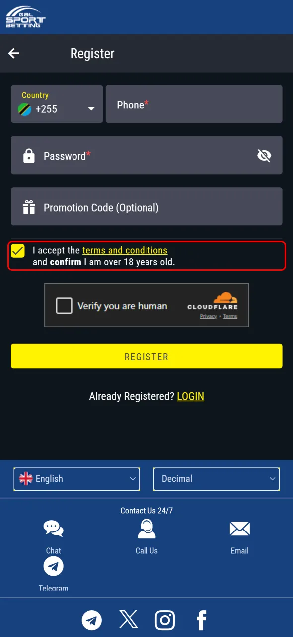 Verify age and agree to Gal Sport Betting terms before signing up.