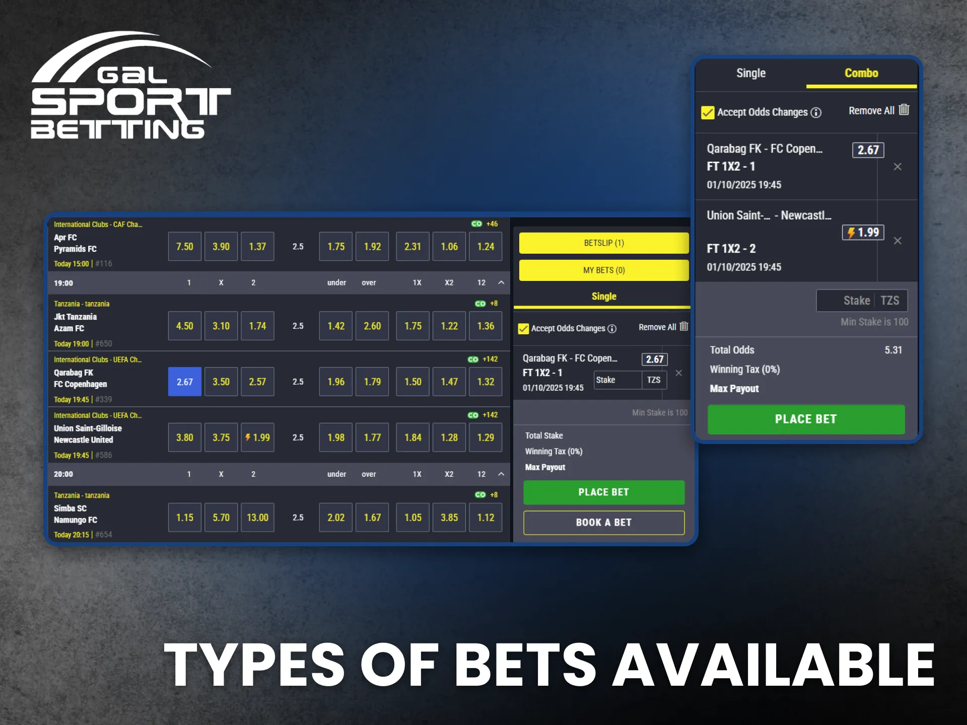 Explore all betting types available on Gal Sport Betting Tanzania.