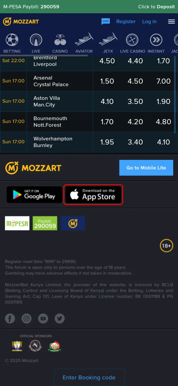 Press download to get the MozzartBet iOS app on your device.
