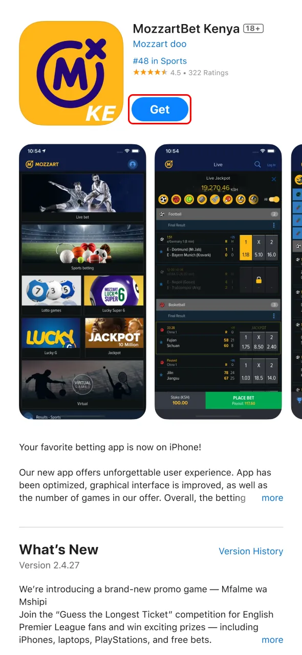 Tap install to enjoy MozzartBet iOS sports betting features.