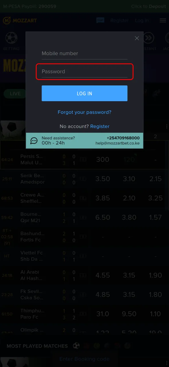 Type in your MozzartBet password to start playing your favorite sports.