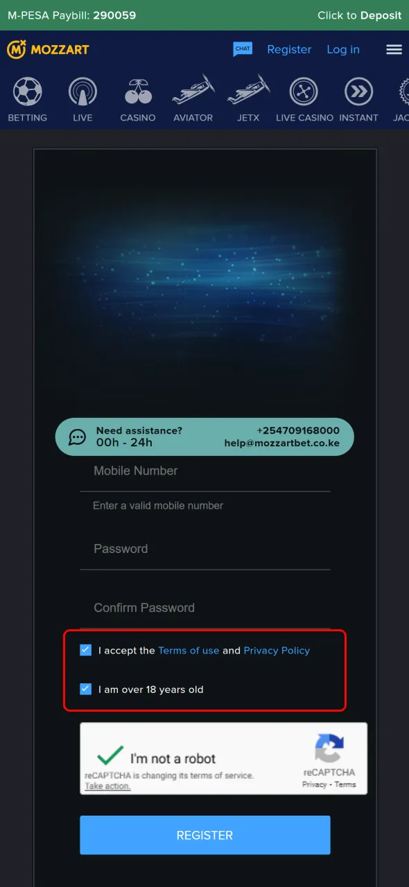 Agree with the MozzartBet terms to complete your Kenya registration process.