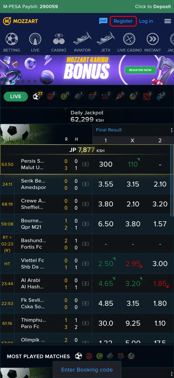 Kenyan players can tap the register button to join MozzartBet instantly.