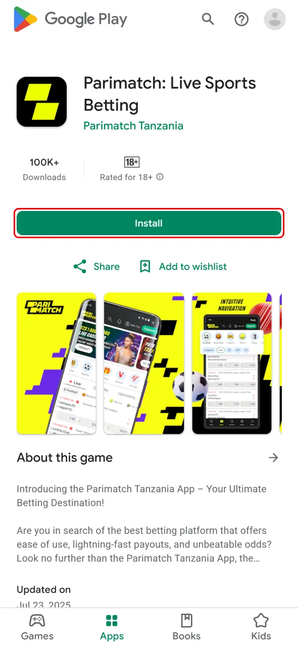 Find the official app and click Install to download Parimatch to your Android.