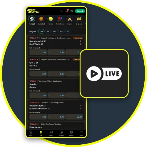 Live betting and streaming are available in the Parimatch app.