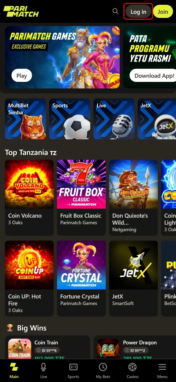 Click the Parimatch login button found on the main page to start your session.