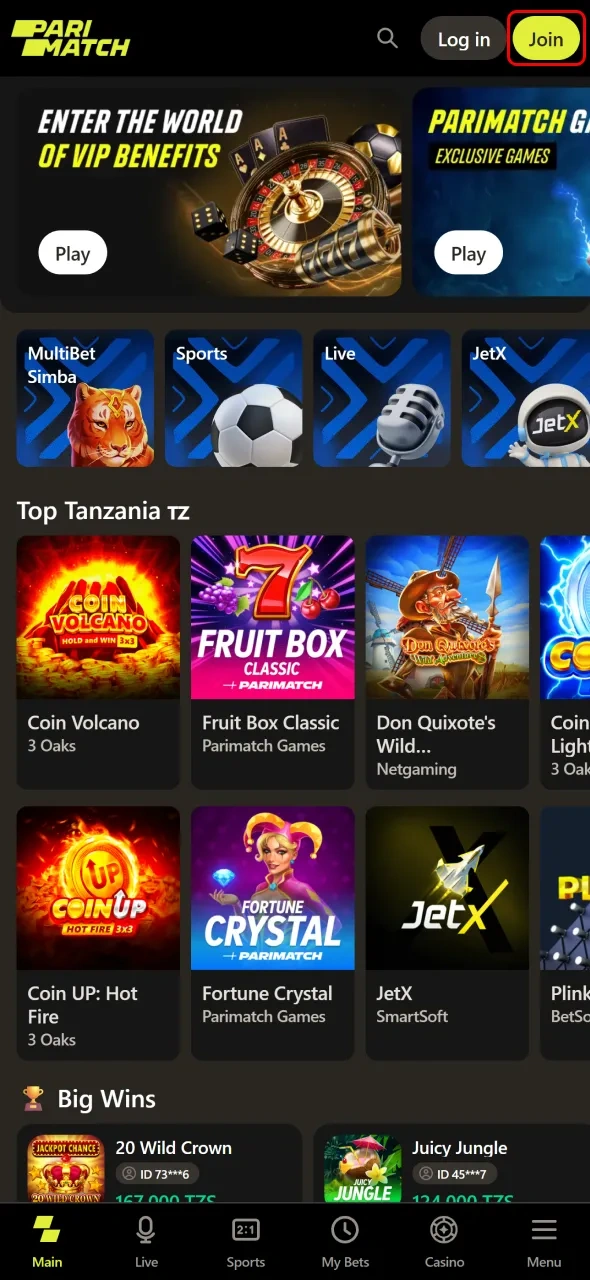 Find the Parimatch Sign Up button and click it to start the process.