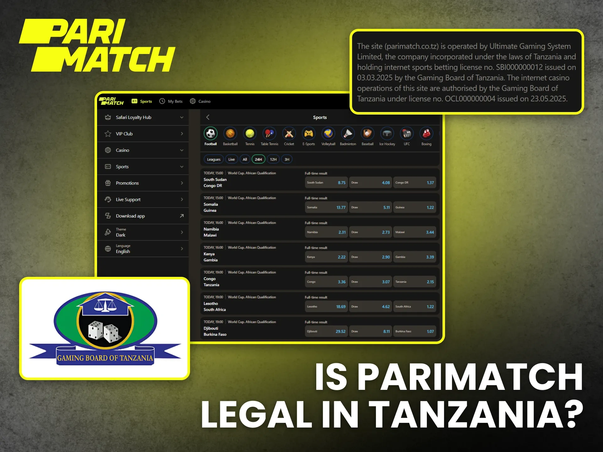 Confirm the Parimatch is legal in Tanzania to start betting with full confidence.