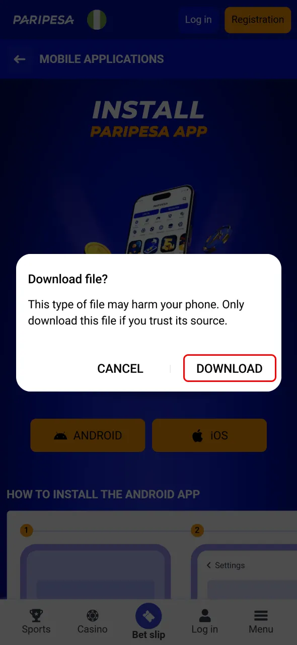 Confirm the Paripesa APK file download on your Android device.