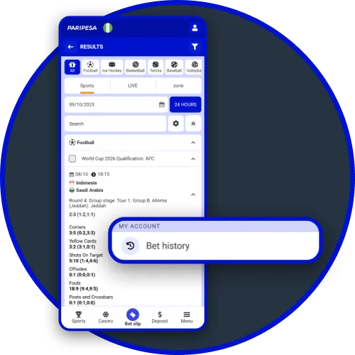 Track wagers with betting history and results tracking on the Paripesa app.