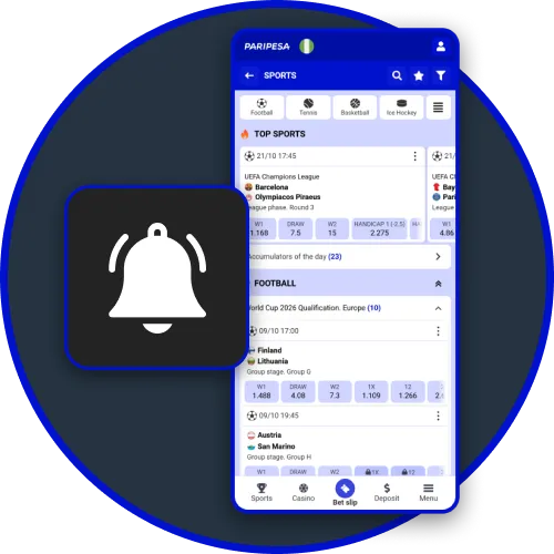 Get push notifications for favorite events via the Paripesa app.