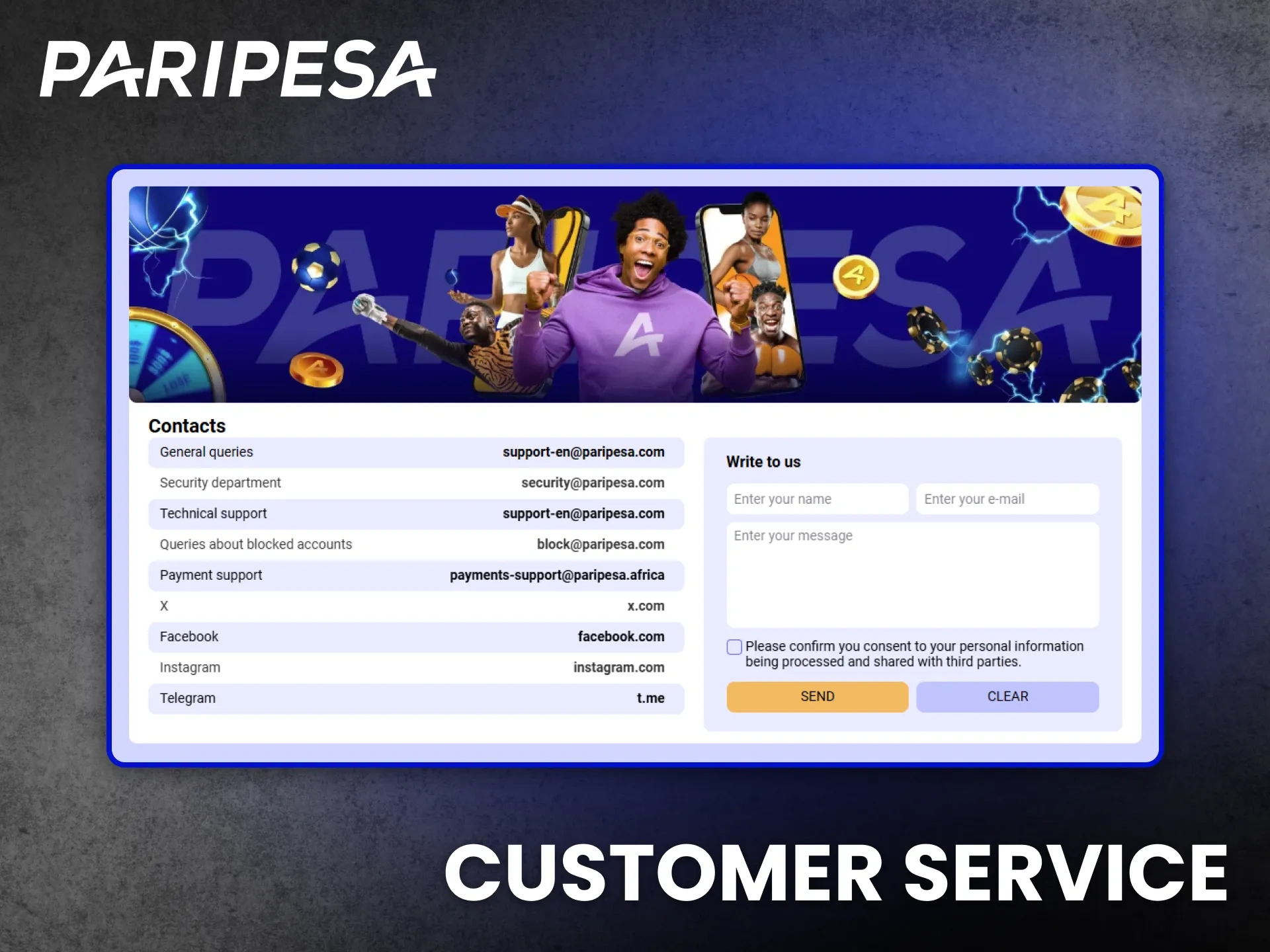 Contact customer service for support from the Paripesa team.
