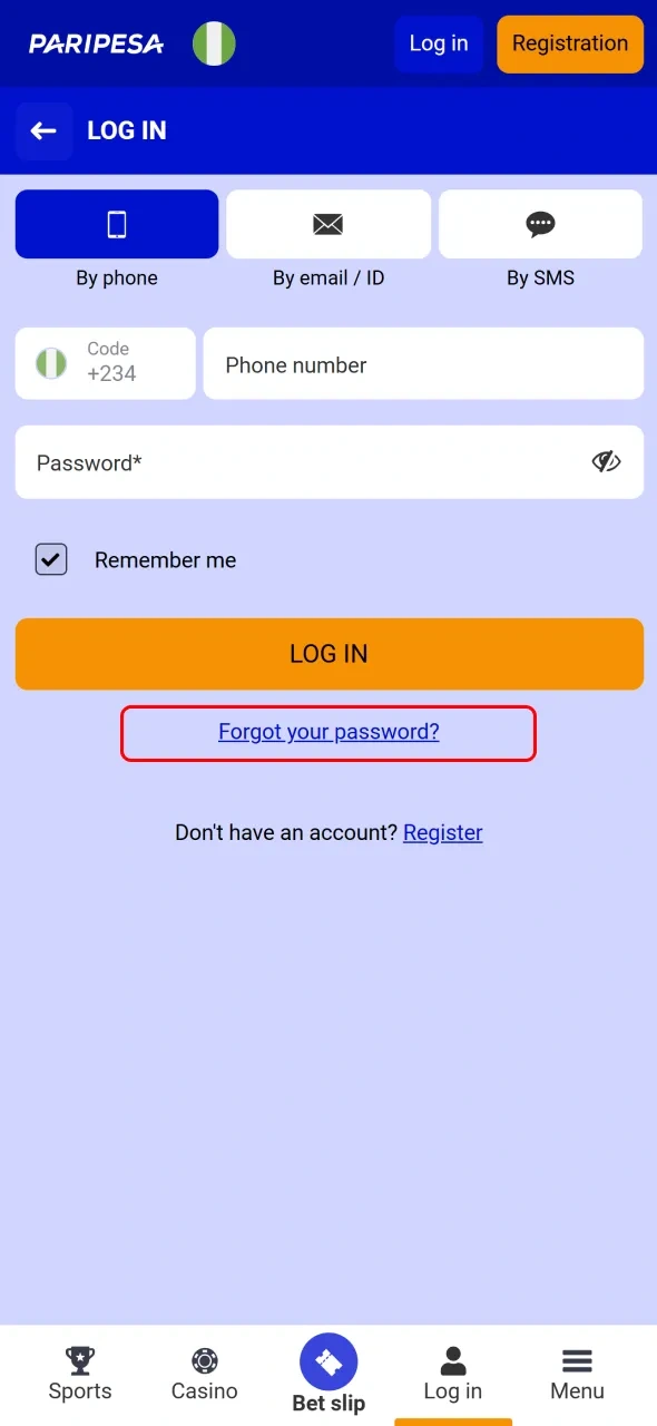 Click Forgot your password to reset it if you need access to your Paripesa account.