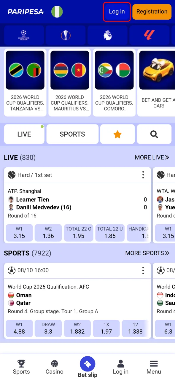  Open the Paripesa website and click the log in button to start accessing your account.