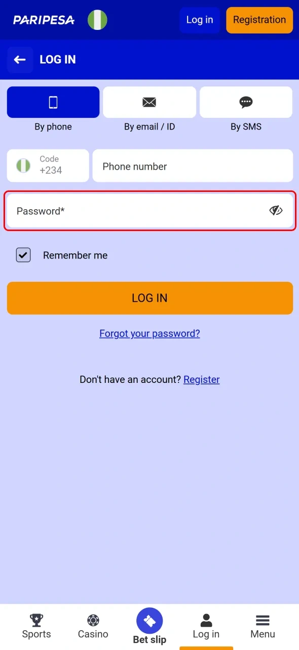 Type the password associated with your Paripesa account to proceed.