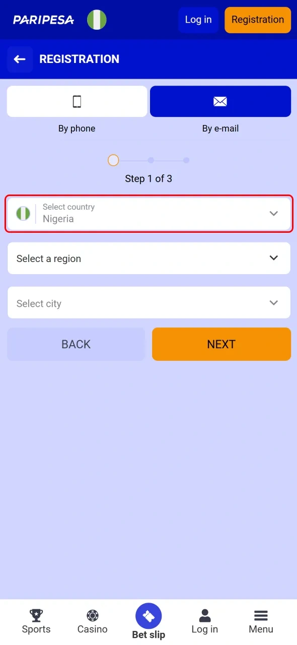 Select Nigeria as the country to ensure the correct regional settings on Paripesa.