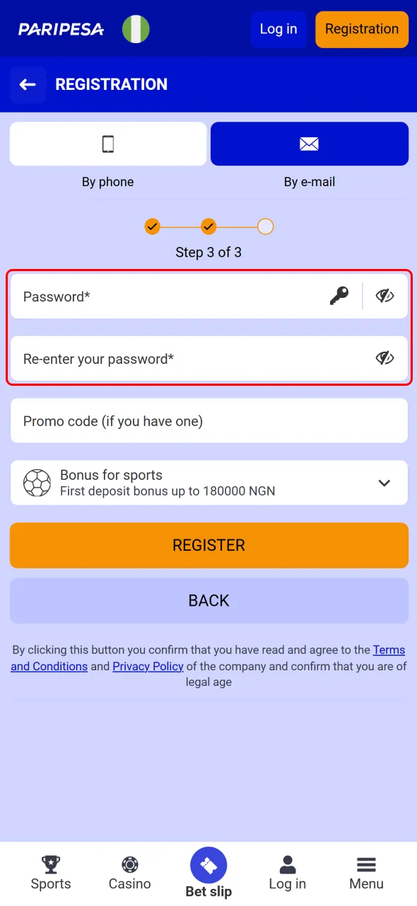 Create a password and enter it again to confirm your secure access to Paripesa.