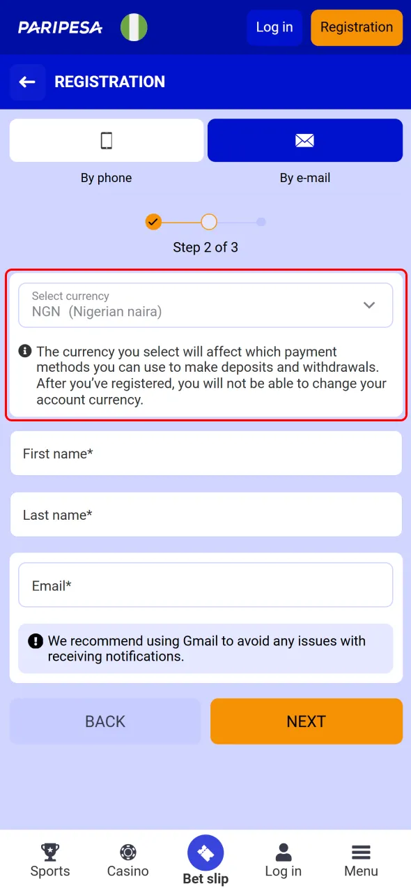 Select Nigerian Naira (NGN) as the currency for all your transactions on Paripesa.