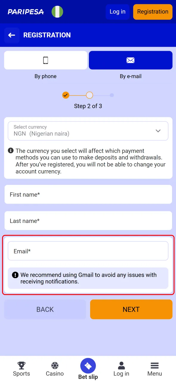 Enter your email or phone number to provide contact information for your Paripesa account.